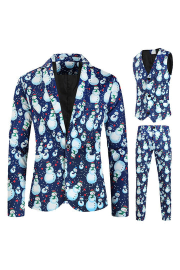 Hakket lapel en knapp blå snømann trykt menns dresser